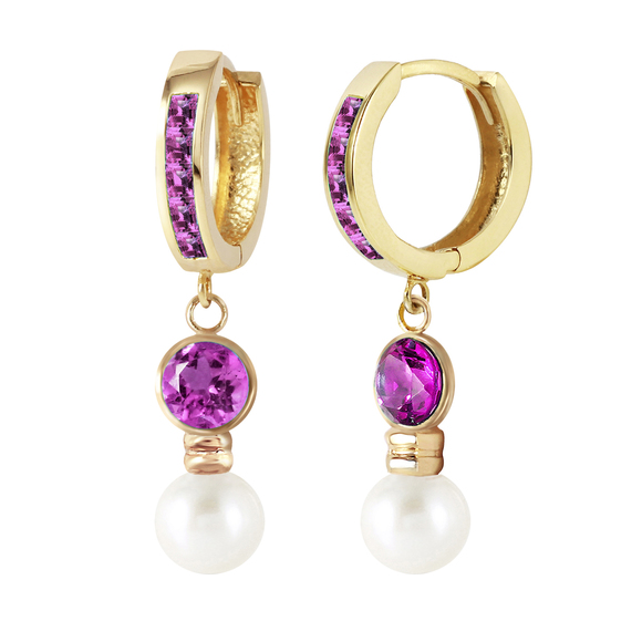 14K. SOLID GOLD HUGGIE EARRING WITH PEARLS & AMETHYSTS (Yellow Gold) - Picture 2 of 2